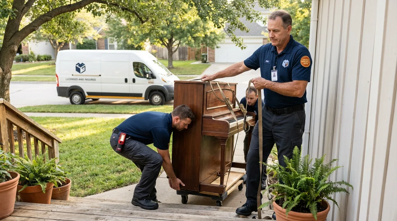 Licensed piano movers securing grand piano in Hayfork, CA